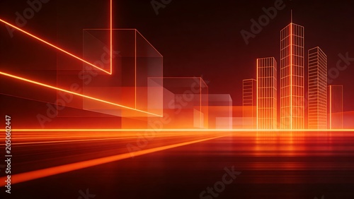 Abstract futuristic neon city background with glowing orange wireframe skyscrapers and transparent 3D geometric cubes on dark reflective surface