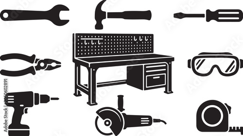 Black and white tools on workbench illustration
