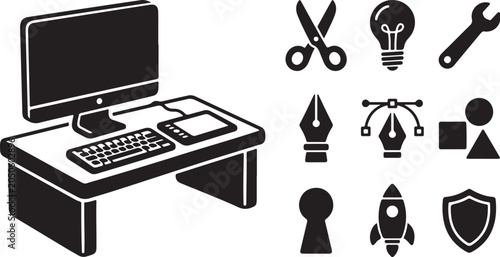 Computer Desk with Creative Design and Tools Icons