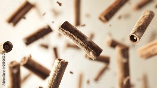 Warm spiced cinnamon sticks gracefully falling with a soft focus