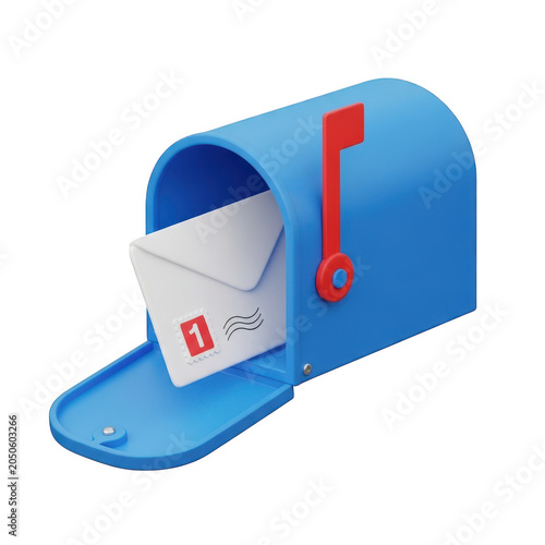 A bright blue mailbox with a red flag raised on the side