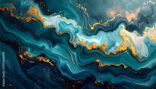 An abstract swirling composition featuring teal, gold, and dark blue liquid-like textures. It gives off a luxurious and artistic feel