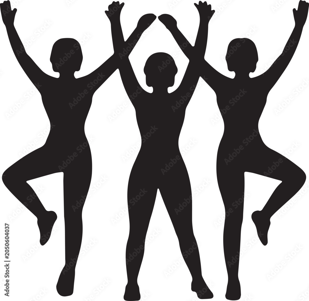 Fototapeta premium With background 3 women and solid style on white background celebrating dancing success raised