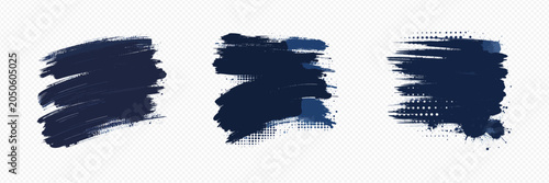 Dark blue brush strokes and paint splatters on transparent background for design