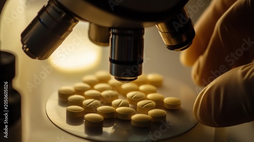 Close-Up of Hand Using Microscope to Examine Pills on Laboratory Slide