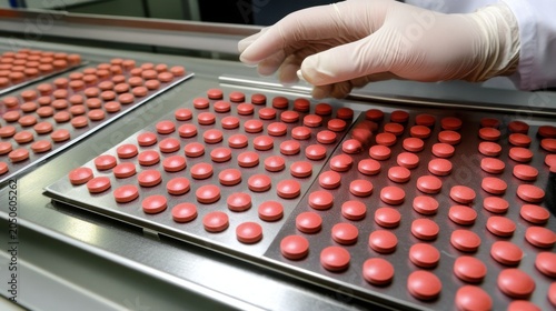 Hand Placing Red Pills on Production Line in Pharmaceutical Facility