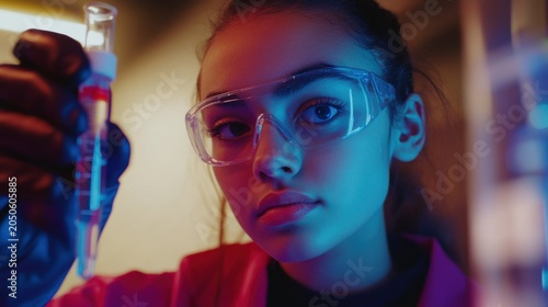 Young Scientist in Lab Holding Test Tube with Colorful Liquid