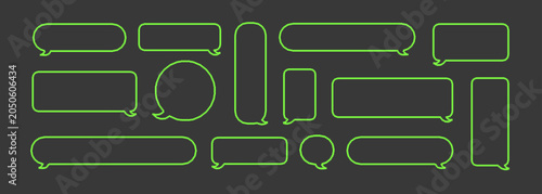 8 bit acid green different geometric chat balloons. Communication set for message or conversation box. Flat pixel art black background.