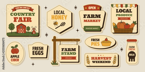 Retro farm market sticker set with country fair, farm stand, local produce, apple cider, fresh eggs, milk, pies and roadside signage in vintage mid century 50s Americana style. Vector illustration