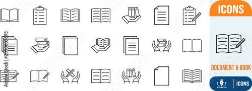 Books documents learning outline vector icons. book icon set, document icon set, clipboard icon set
