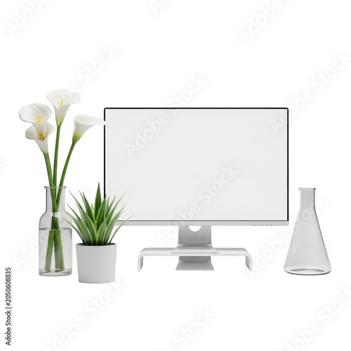 Minimalist workspace with monitor and decorative vase of flowers