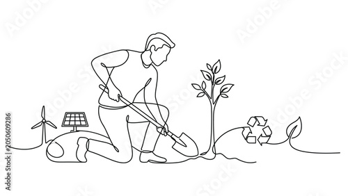Man planting a tree with eco friendly technology.