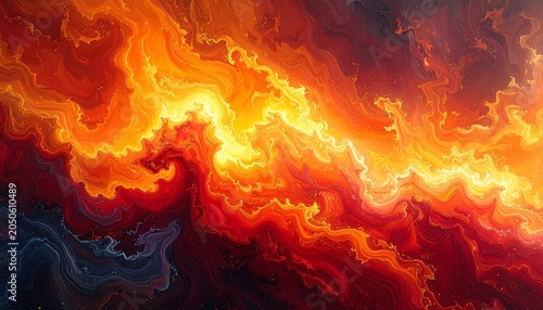 An abstract swirling composition of fire and energy. Warm hues of red, orange, and yellow create an impression of intense heat