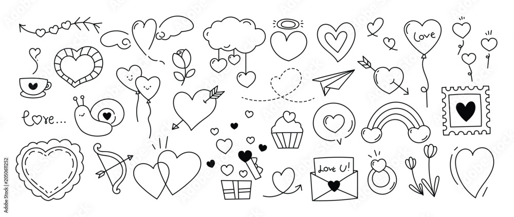 Obraz premium Valentine doodle vector set. Hand drawn black and white love hearts, arrows, flowers, envelope, speech bubble and romantic line art elements.