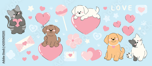 Canvastavla Cute dog and cat love vector set