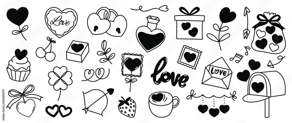 Fototapeta premium Valentine doodle vector set. Hand drawn black and white love hearts, arrows, flowers, envelope, speech bubble and romantic line art elements.