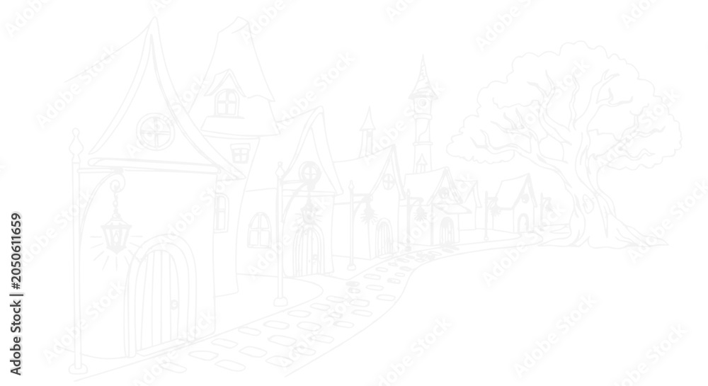 Fototapeta premium Whimsical Village Sketch: Fairytale Houses, Cobblestone Path, Ancient Tree, Fantasy Landscape