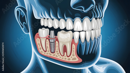 A detailed illustration of a human jaw with a dental implant and healthy teeth