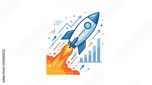 Rocket Launching Upward with Growth Charts and Arrows, Business Success Concept