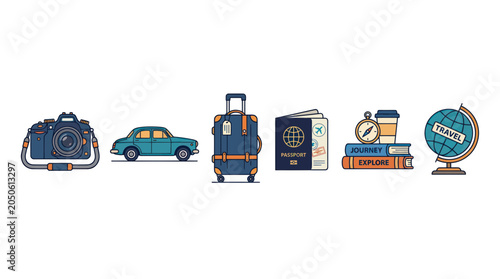 Travel Icons: Camera, Car, Suitcase, Passport, Books, Globe, Coffee