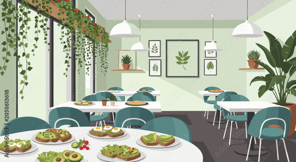 Fototapeta premium Modern Cafe Interior Vector Illustration Featuring Avocado Toast Served on Tables in a Peaceful Green Plant Filled Dining Space 20