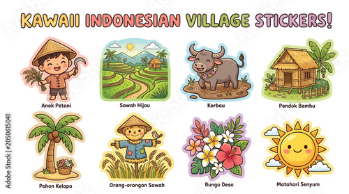 Εκτύπωση καμβά Kawaii Indonesian Crafts Sticker Sheet Featuring Traditional Elements