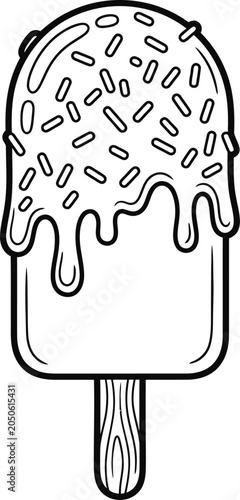 Bild auf Leinwand Black and white line art illustration of a delicious ice cream popsicle with spr