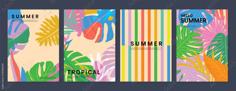 Obraz premium Abstract tropical summer background poster vector set. Minimal hand drawn Card design with monstera leaf, palm leaves. Painting for summer season, wall decoration, interior, background.