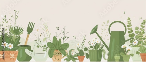 Gardening tools and plants in green tones.