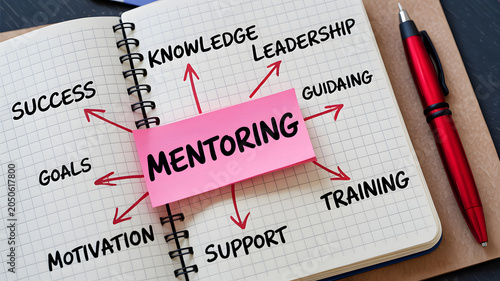 A notebook with a pink mentoring note and arrows pointing to related concepts