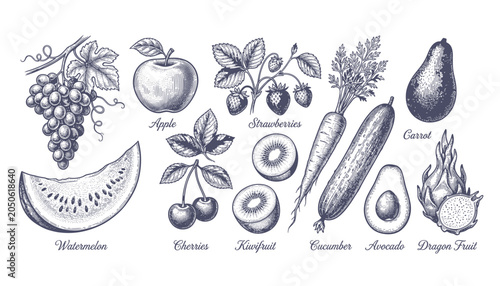 Vintage engraving style vector collection of fruits and vegetables on transparent background, great for healthy eating and organic food designs.