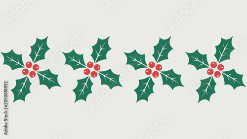 A festive holly pattern featuring green leaves and red berries