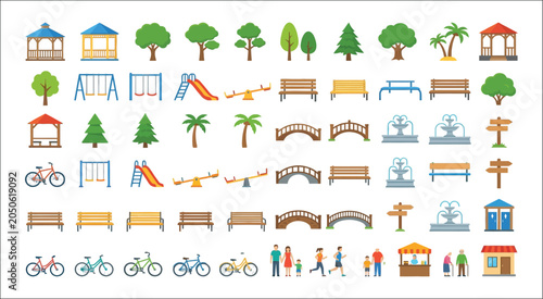 фотографія Park elements vector illustration with buildings trees and recreational features