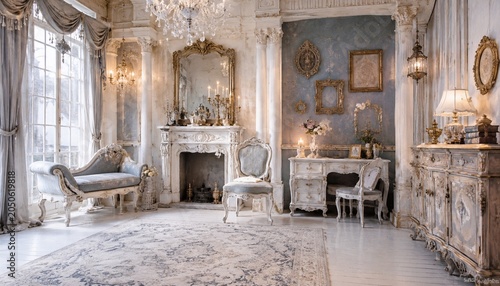 French rococo salon interior with antique furnishings and elegant decor