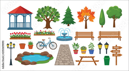 Foto Park Elements Vector Illustration With Trees Benches And Water Features
