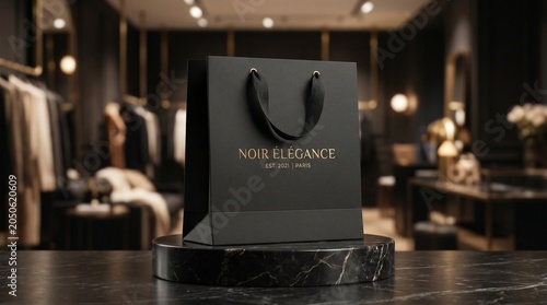 Blank white paper bag mockup on a wooden table in a modern retail store with clean branding space for packaging and business identity design.