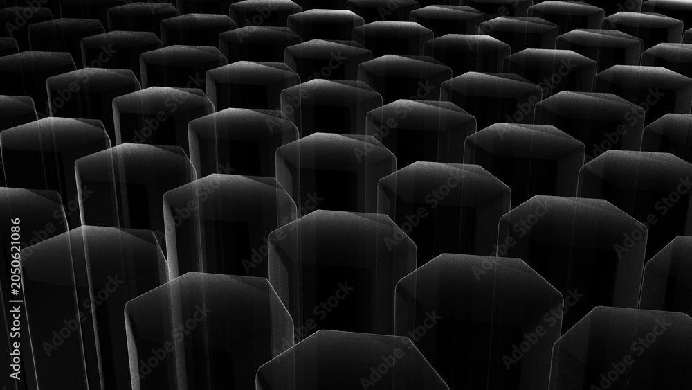 Obraz premium Black hexagon pile array in the dark (3D Rendering)