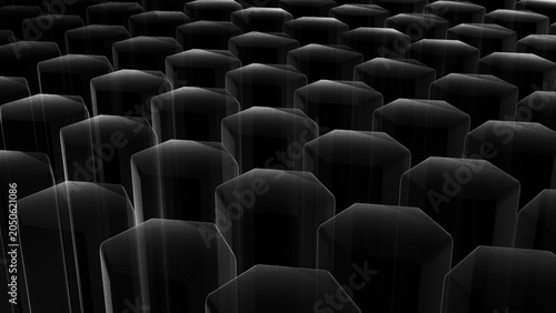 Black hexagon pile array in the dark (3D Rendering)