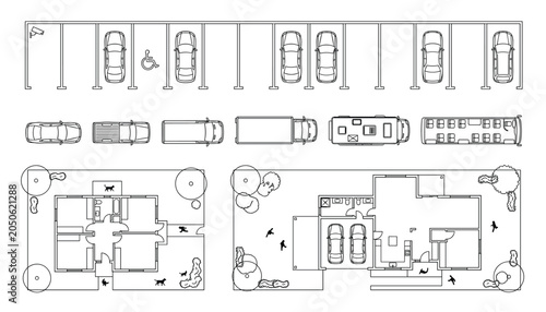 Architectural plan elements including cars parking lot vehicles houses and landscaping symbols for site planning vector transparent.