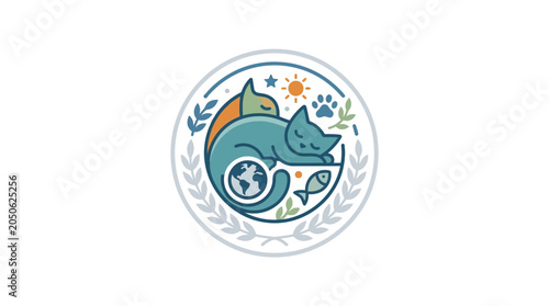 Foto Cute Cat Sleeping with Planet Earth Illustration Logo