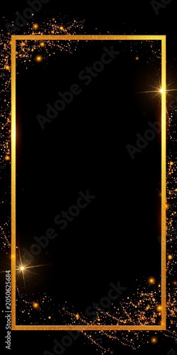 Golden frame with sparkling particles on black background, decoration, gold