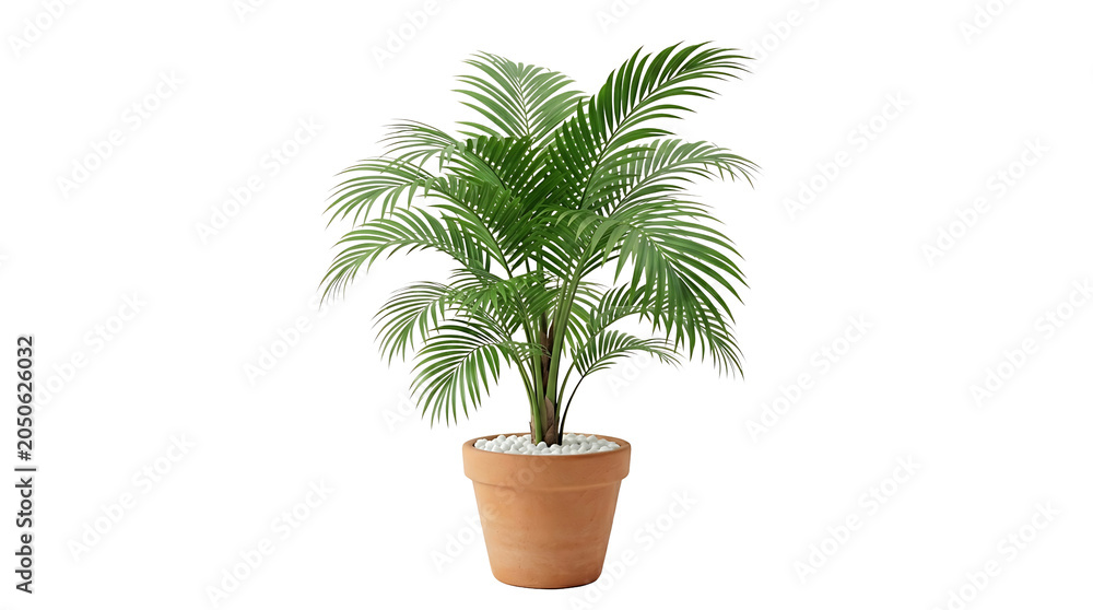 Fototapeta premium Vibrant green palm tree in terracotta pot isolated on transparent PNG background, tropical houseplant for interior and garden design