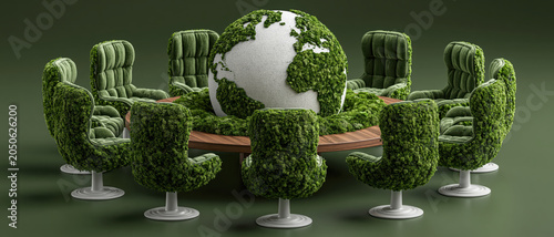 Sustainable world green planet environmental meeting conference table office chair globe Earth eco design climate action corporate sustainability