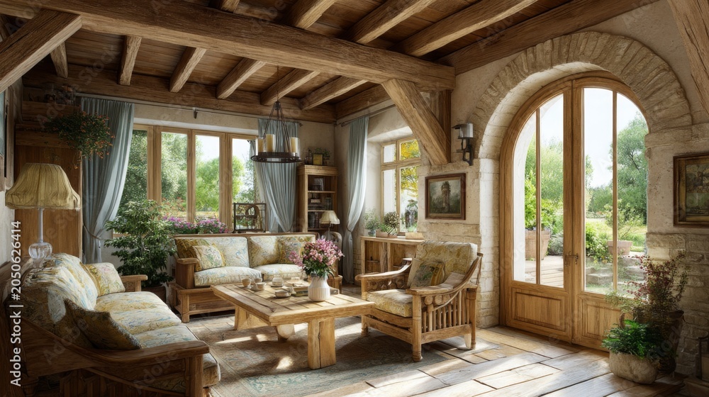 Fototapeta premium Cozy and Inviting Country Living Room with Natural Light, Rustic Furniture, Green Plants, and Warm Wooden Accents in a Serene Setting