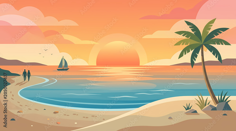 Obraz premium Serene Tropical Beach Landscape Featuring a Golden Sunrise Over the Calm Ocean Waters with Silhouetted Couple and Sailboat