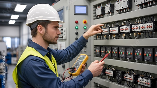 Electrician Testing Industrial Control Panel with Digital Multimeter