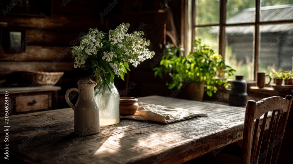 Fototapeta premium Cozy Rustic Table Setting with Fresh Flowers and Natural Light in a Charming Cabin Interior