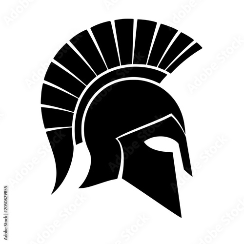 Black Spartan helmet silhouette with a large crest, isolated on a transparent background. Perfect for sports branding.