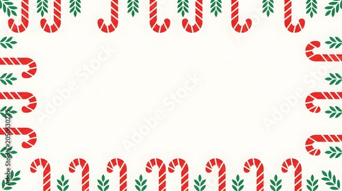 Minimalist Christmas Illustrations in Festive Flat design style. Festive candy cane border with holly leaves on white background