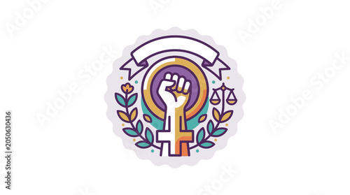 Feminist Empowerment Emblem with Raised Fist and Justice Scales